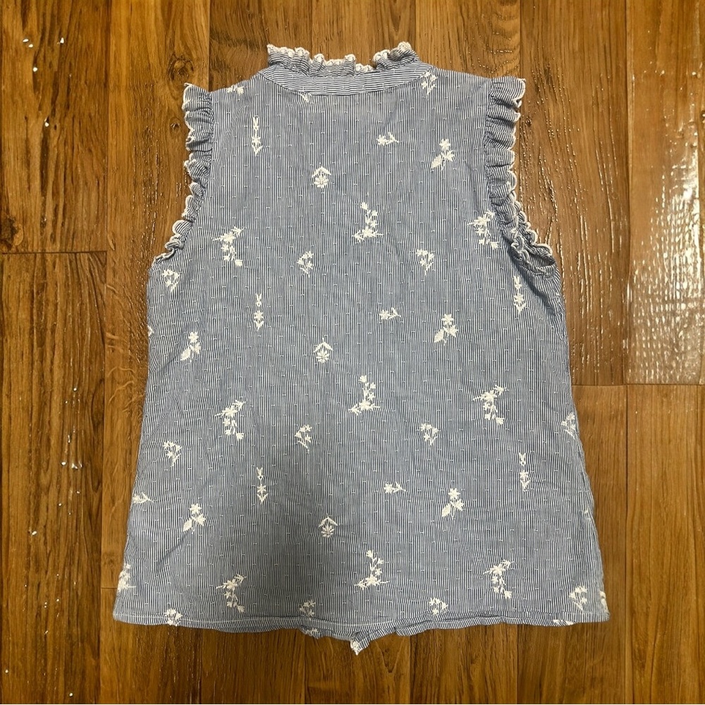 Talbots MPetite Sleeveless Striped Embroidered Ruffle Blouse Womens Blue White - Picture 5 of 6